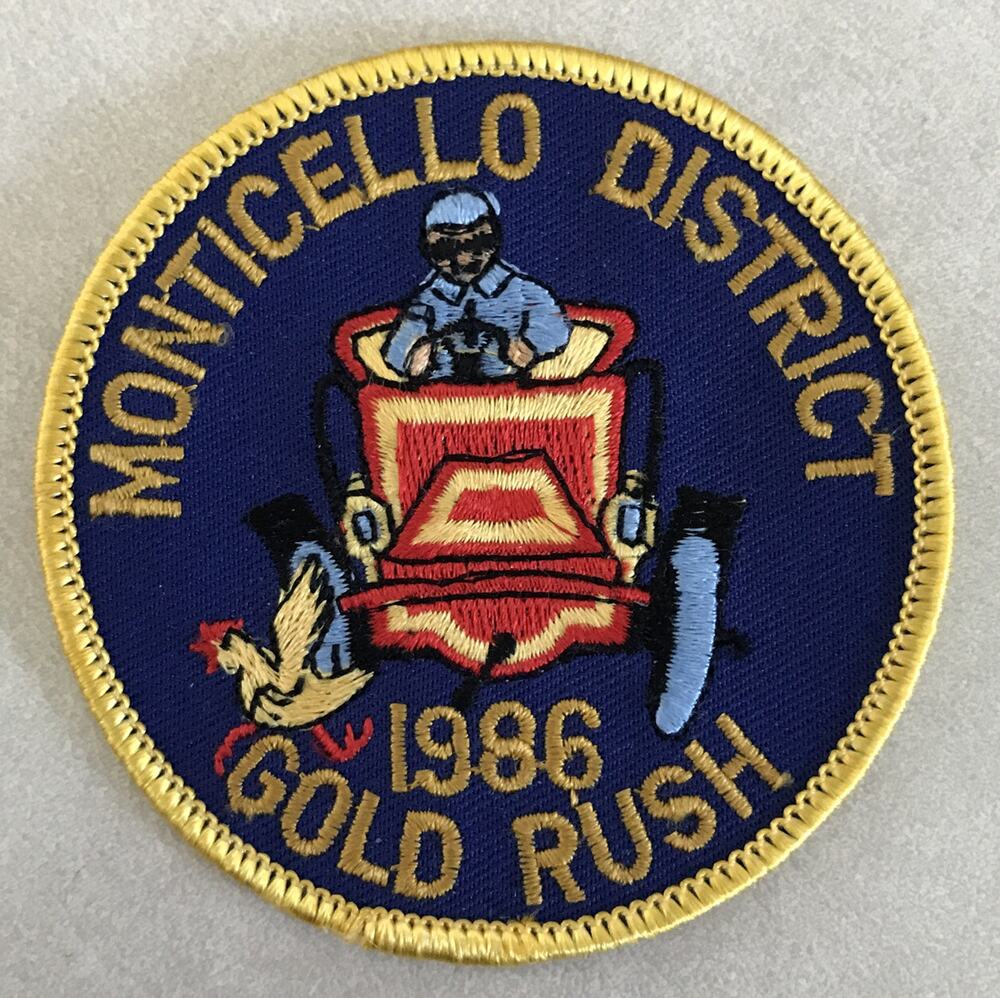 Vtg Boy Cub Scouts BSA Monticello District 1986 Gold Rush Sew On Patch 3"